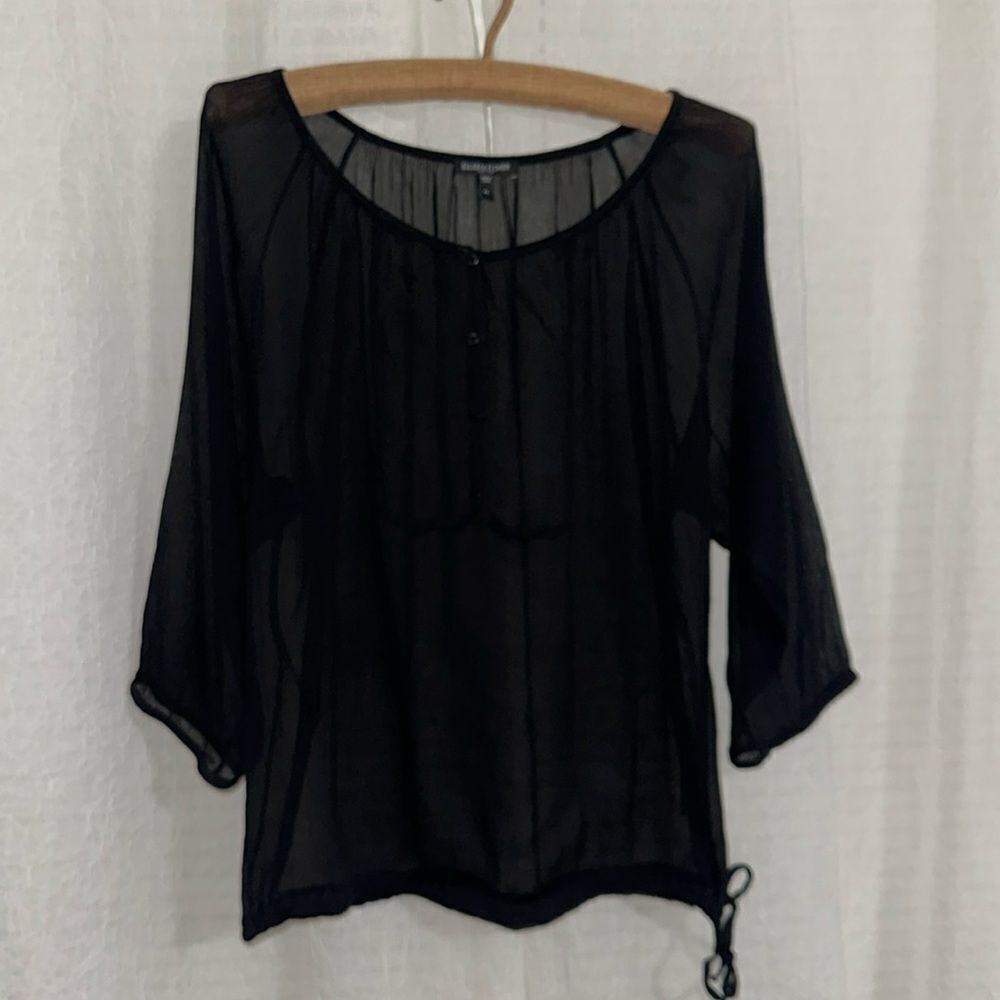 Eileen Fisher PL Black Textured Quarter Sleeve Sheer Side Tie Silk Blouse